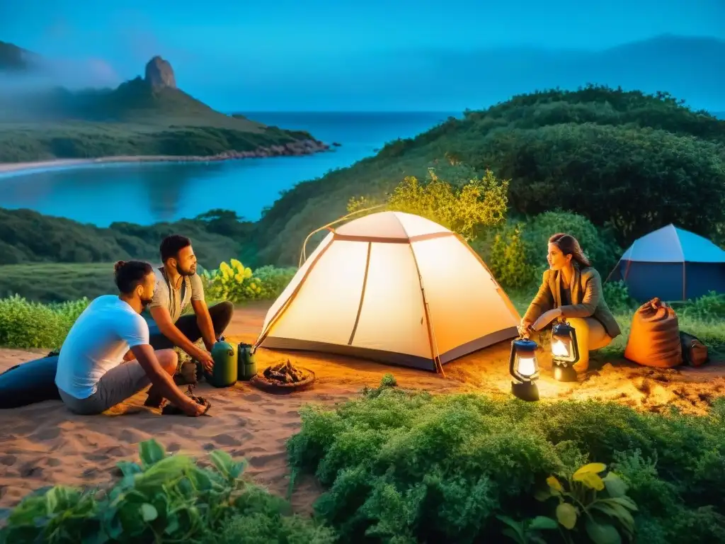 Grupo de campistas en Uruguay montando un campamento sostenible con equipo eco amigable, rodeados de naturaleza exuberante y cielo azul