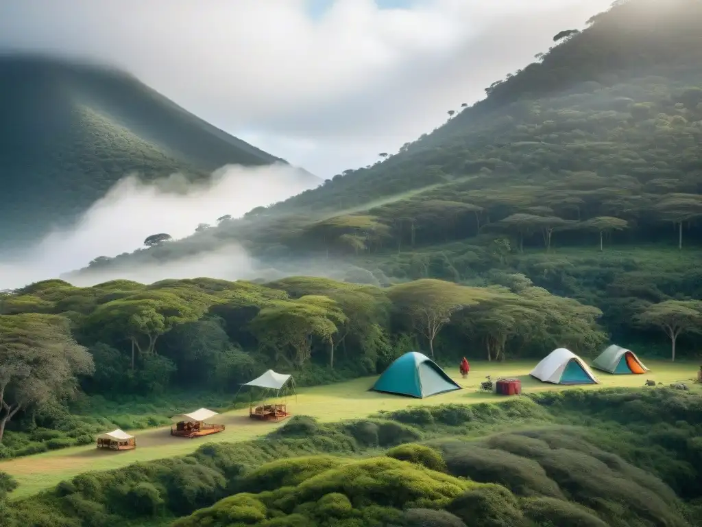 Grupo de campistas creando un campamento sostenible en un bosque de Uruguay