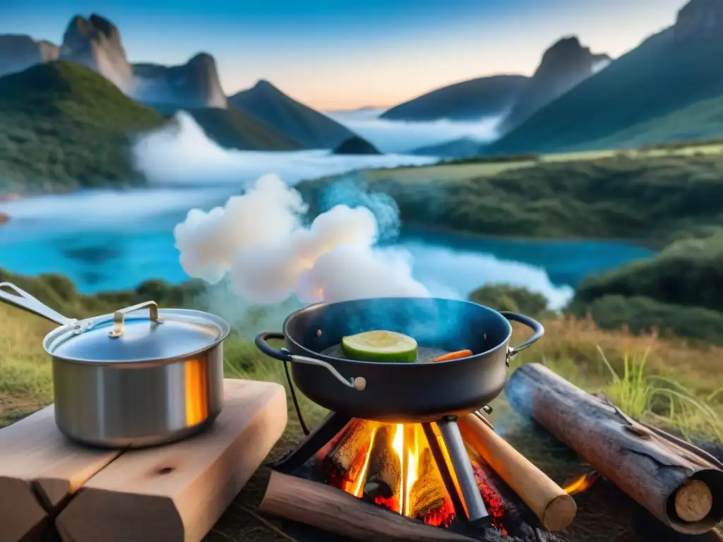 Grupo de campistas en Uruguay cocinan en un camping con cocinas portátiles económicas para campistas