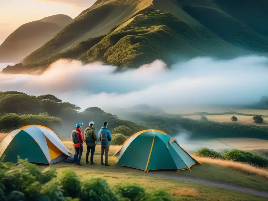 Grupo de campistas en Uruguay con GPS, disfrutando del camping en medio de la naturaleza al atardecer