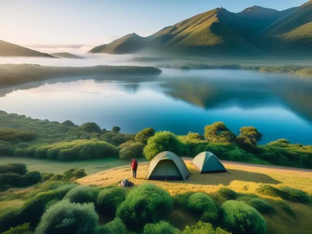 Grupo de campistas disfrutando de un camping en Uruguay, rodeados de naturaleza exuberante y un lago sereno