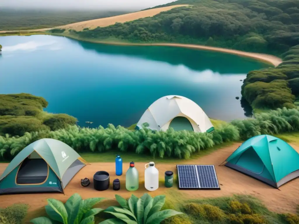 Un grupo de campistas disfruta de un camping sostenible en Uruguay con equipo ecoamigable