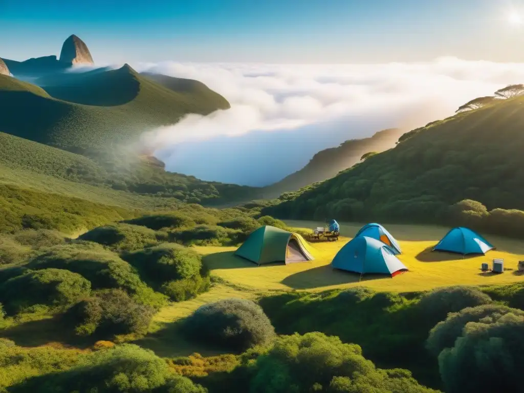 Un grupo de campistas disfruta de un camping tecnológico en Uruguay, rodeados de naturaleza exuberante y equipamiento de alta tecnología