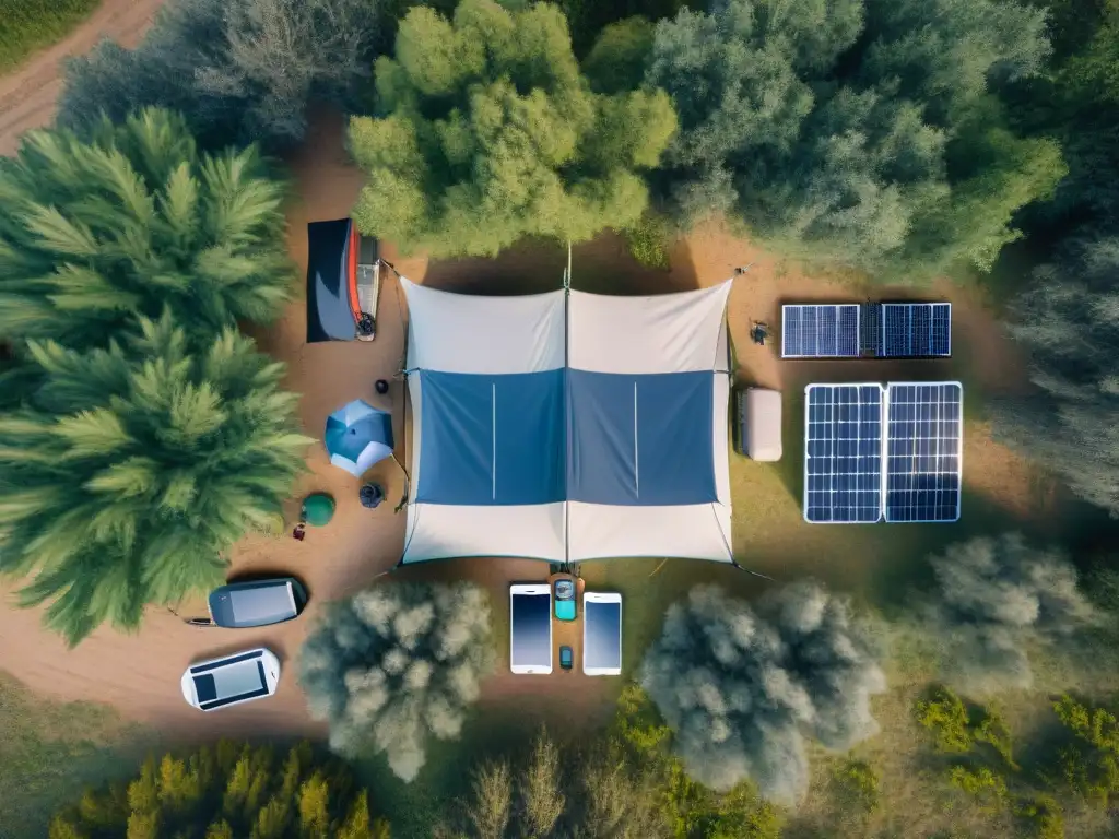 Un grupo de campistas disfruta de un camping tecnológico en Uruguay con tiendas solares y gadgets inteligentes