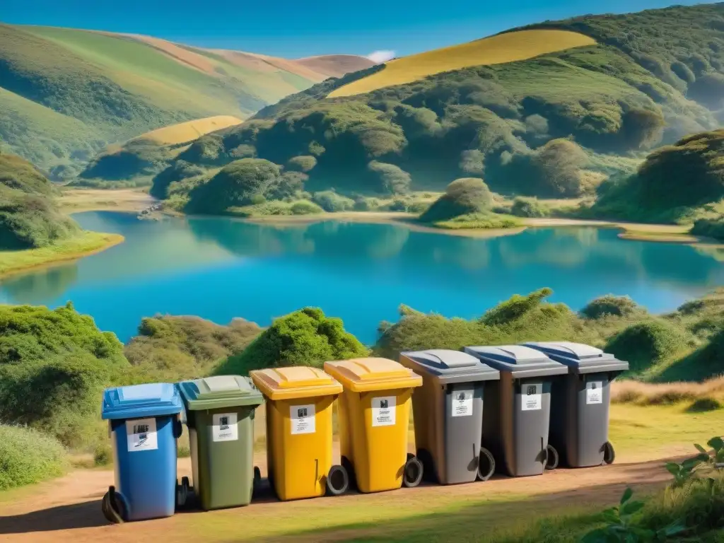 Un grupo de campistas en un camping uruguayo practicando la minimización de basura, clasificando residuos en contenedores de reciclaje