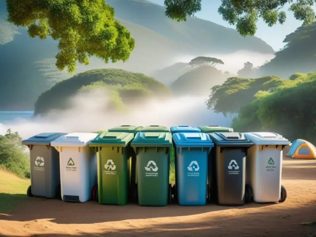 Grupo de campistas en camping uruguayo, practicando la minimización de basura con reciclaje y compostaje en medio de la naturaleza