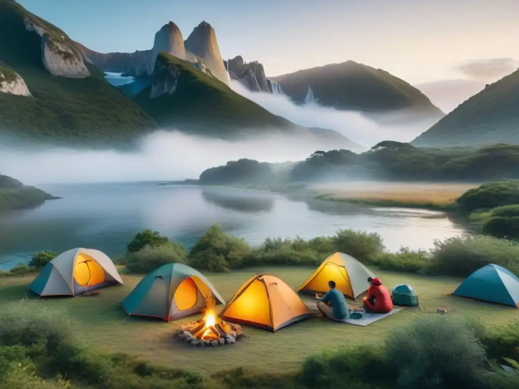 Un grupo de campistas arman sus carpas en un campamento en Uruguay, rodeados de naturaleza exuberante y un río sereno