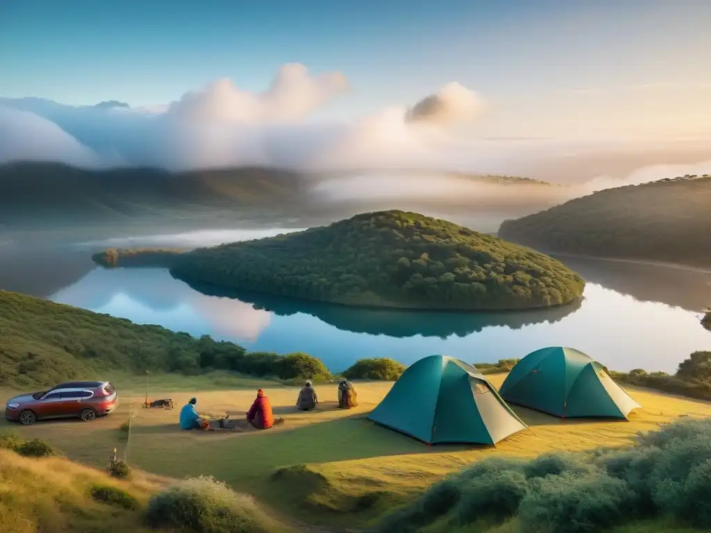 Grupo de campistas en Uruguay montando carpas junto a un lago, usando aplicaciones para predecir el tiempo durante su camping