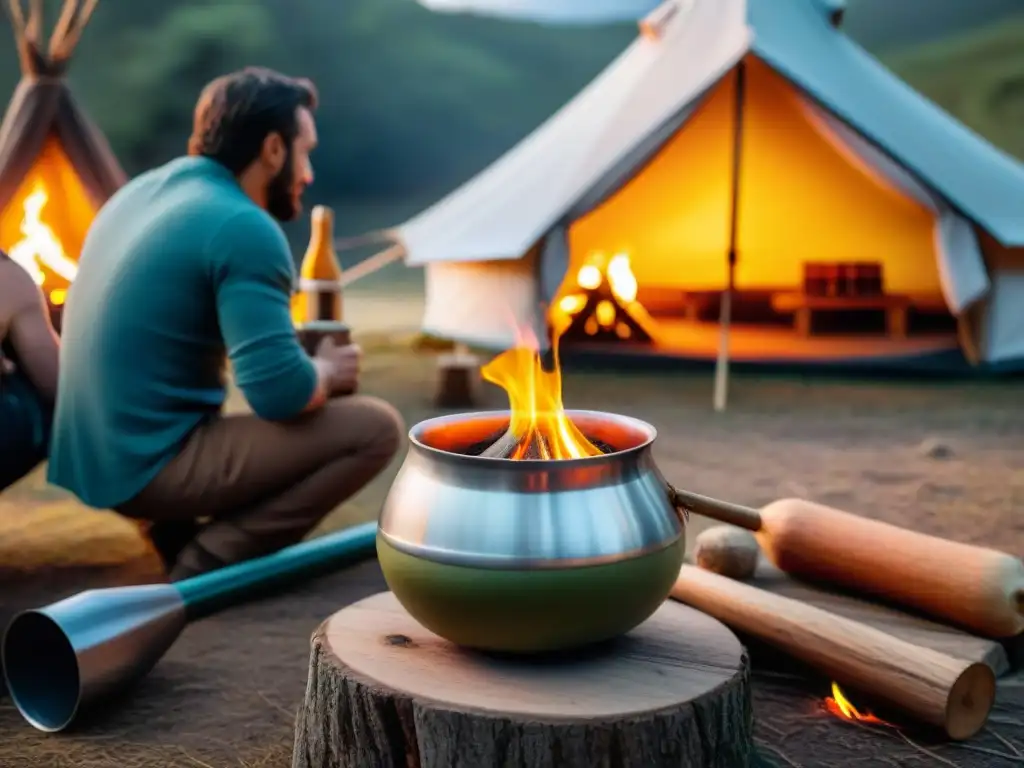 Un grupo de campistas disfruta de una ceremonia de mate en un campamento en Uruguay, con un ambiente acogedor y auténtico