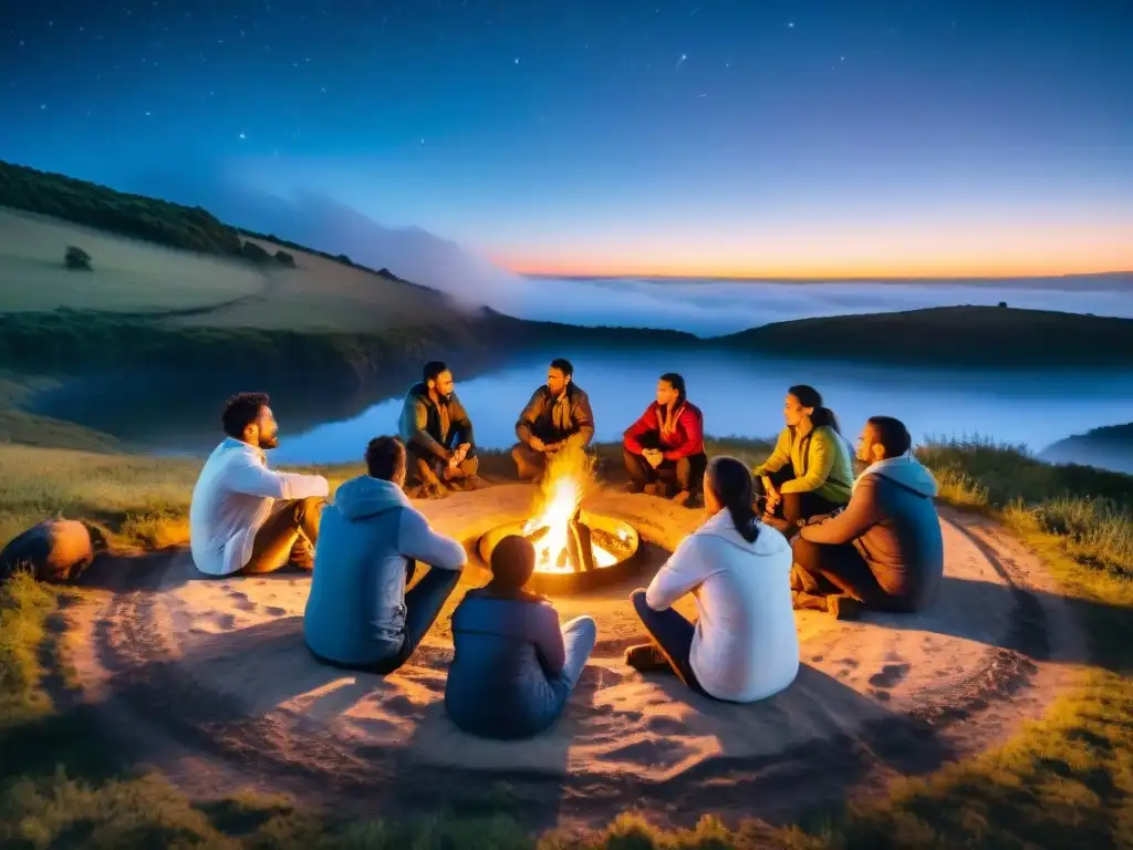 Grupo de campistas en círculo alrededor de fogata bajo cielo estrellado en Uruguay, en ejercicio de primeros auxilios psicológicos camping Uruguay