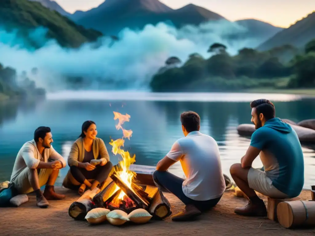 Un grupo de campistas cocina recetas tradicionales uruguayas alrededor de la fogata en un paisaje nocturno de camping