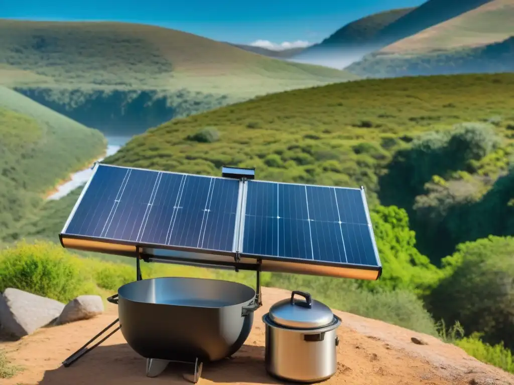 Grupo de campistas en Uruguay cocinando con cocina solar en un entorno natural