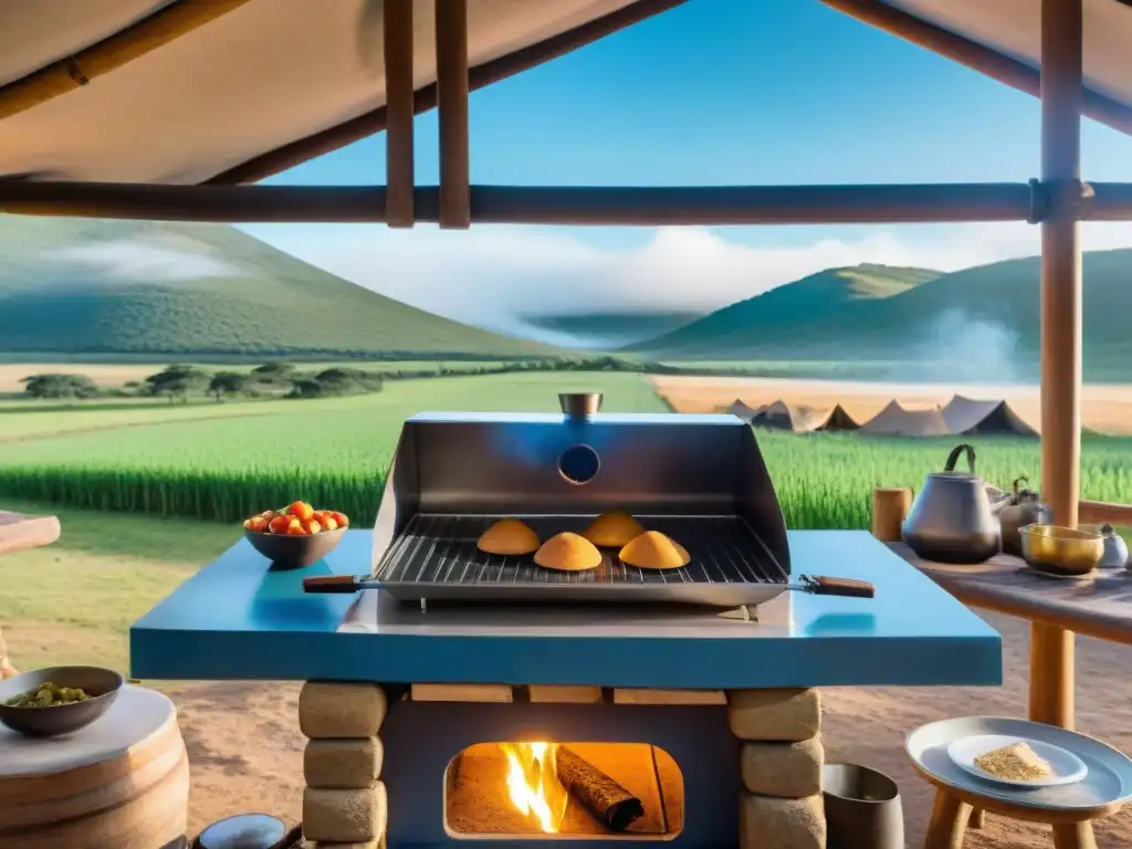 Un grupo de campistas cocinando con una cocina solar en Uruguay, bajo un cielo azul y rodeados de naturaleza exuberante