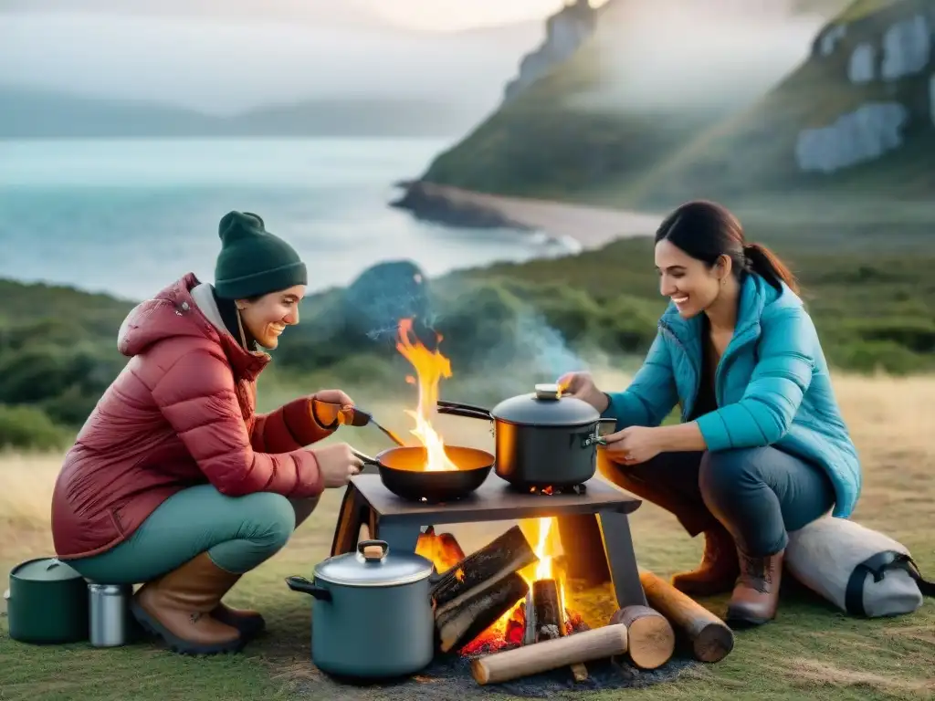 Grupo de campistas cocinando con cocinas portátiles en un hermoso campamento en Uruguay