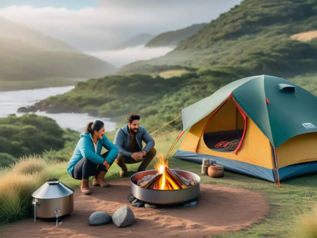 Un grupo de campistas en Uruguay usando cocinas solares para cocinar en un campamento pintoresco