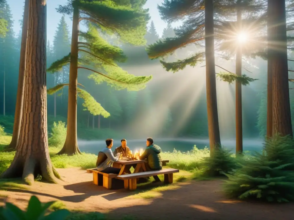 Un grupo de campistas comparte una comida en un bosque verde bajo la sombra de un pino alto, con sillas y mesas portátiles camping