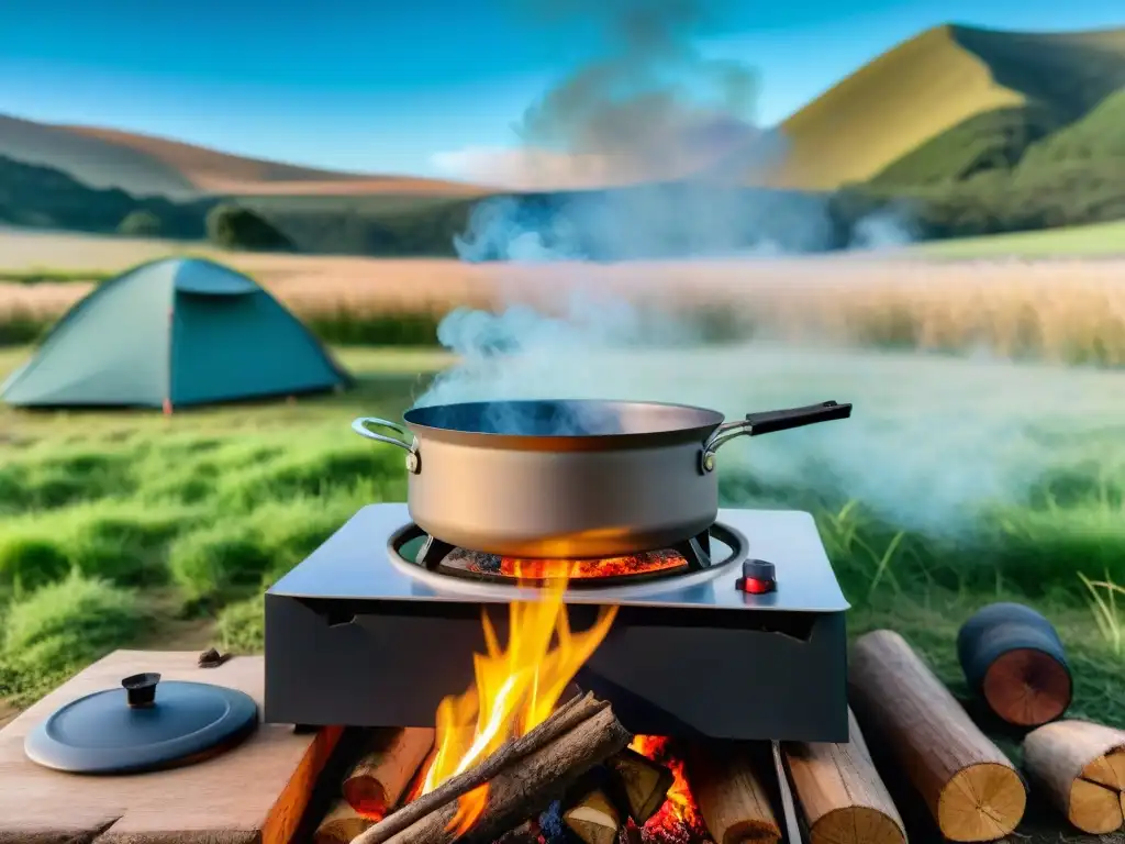 Un grupo de campistas disfrutando de una comida cocinada en una cocina portátil en el campo de Uruguay