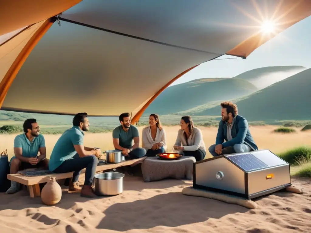 Un grupo de campistas en Uruguay disfruta preparando una comida juntos alrededor de una cocina solar en su campamento