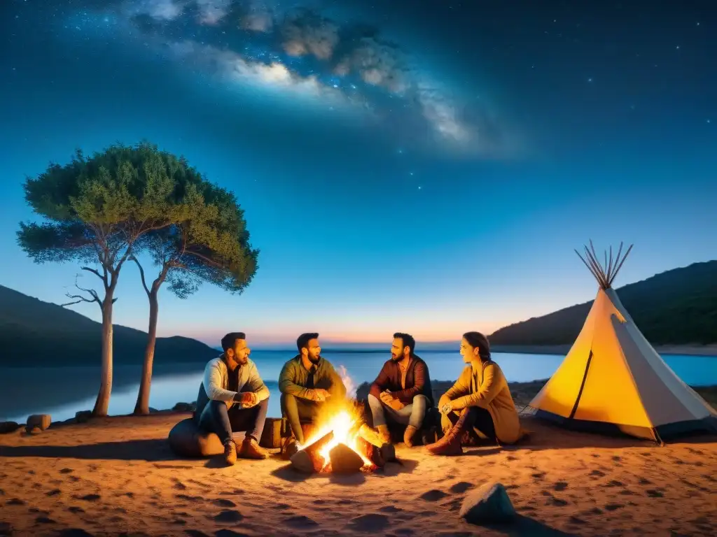 Un grupo de campistas escucha cuentos bajo las estrellas en un camping de Uruguay