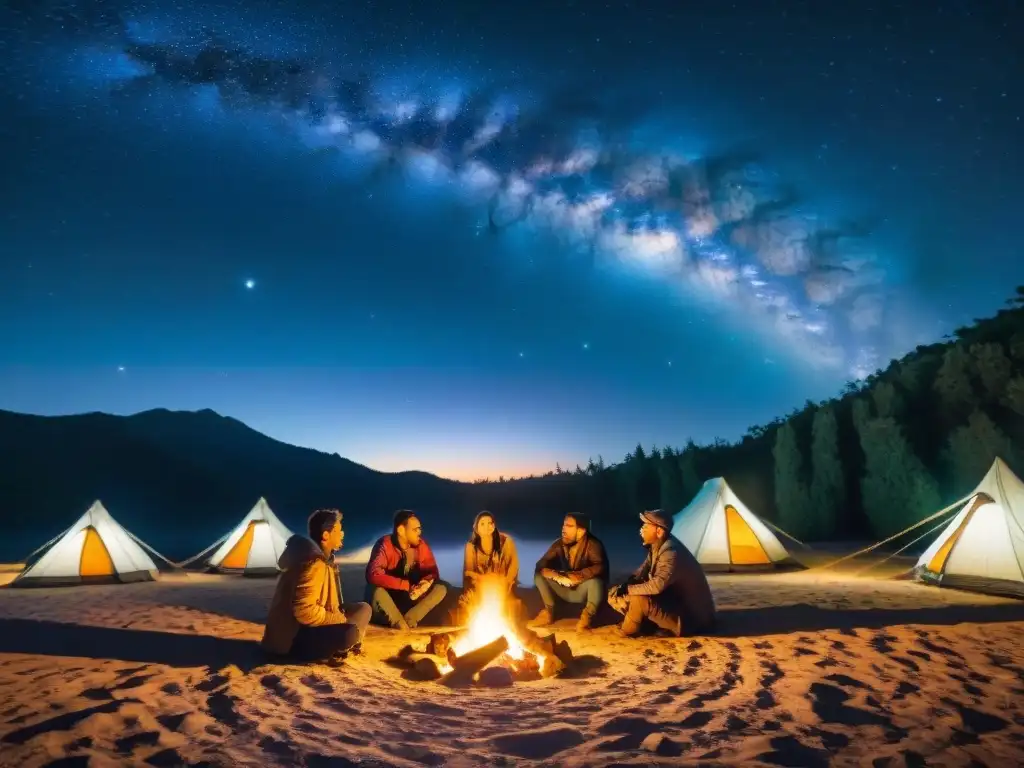 Grupo de campistas escuchando cuentos alrededor de fogata en camping uruguayo bajo cielo estrellado