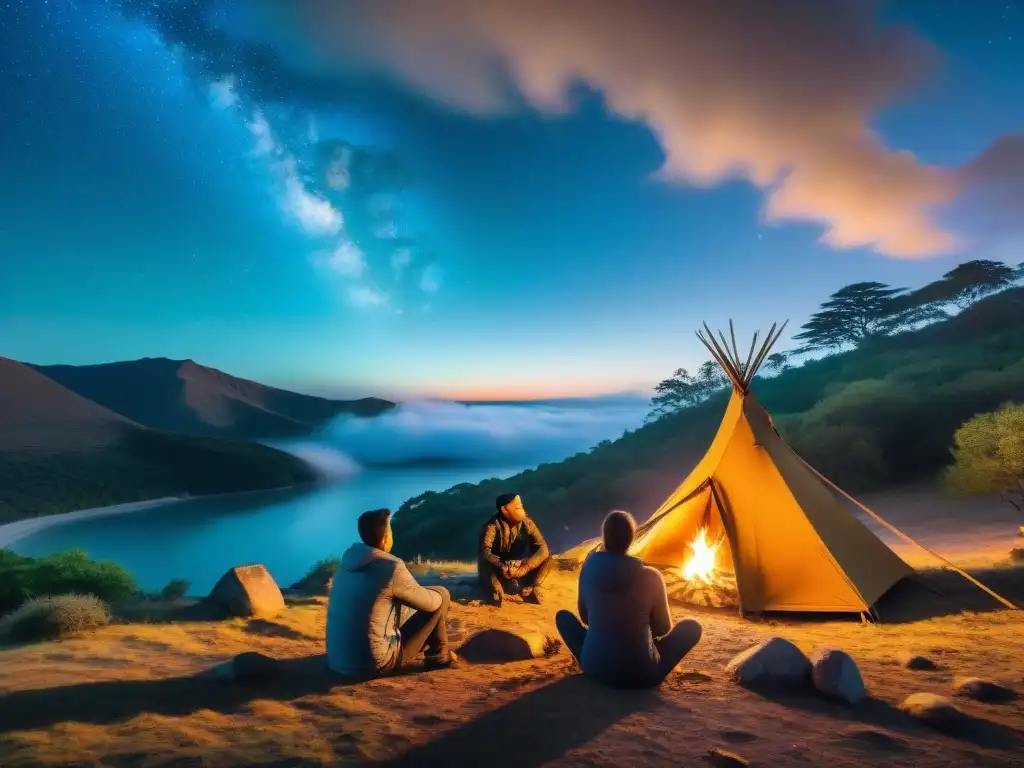 Grupo de campistas escuchando cuentos de leyendas bajo las estrellas en un camping uruguayo, inmersos en la magia de la noche