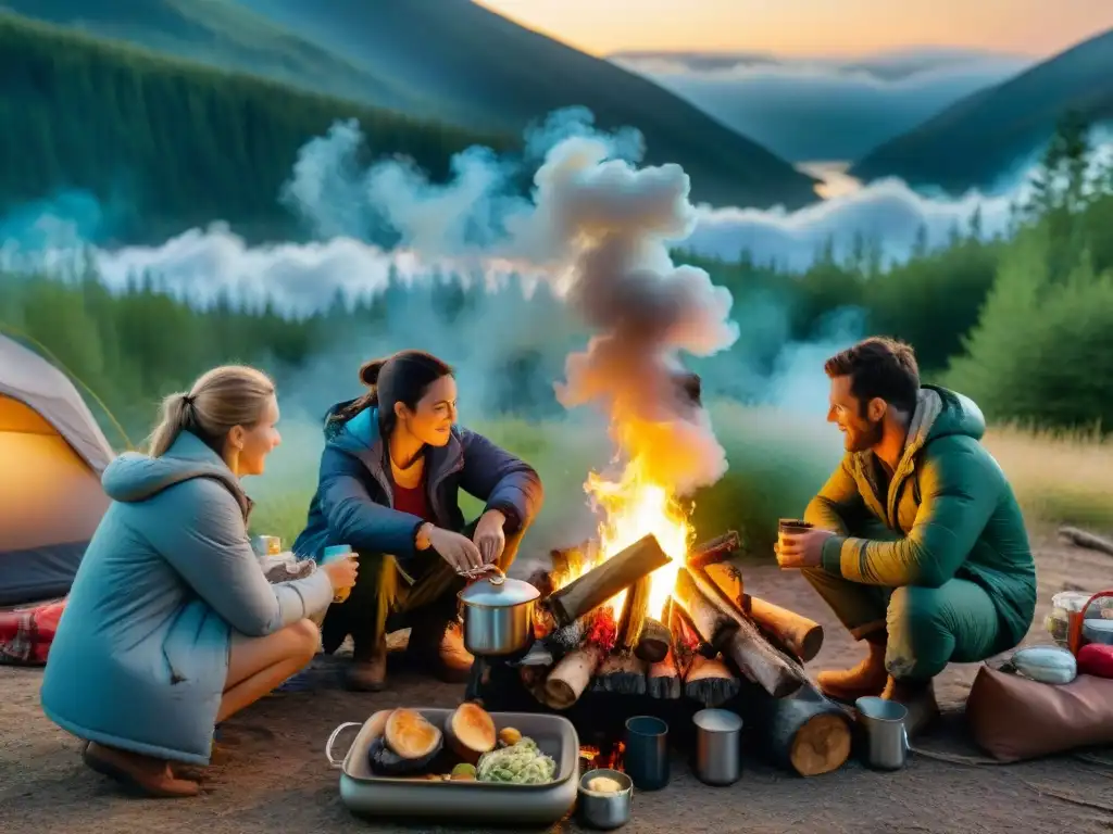 Un grupo de campistas preparando una deliciosa cena alrededor de la fogata en un campamento al aire libre, creando una atmósfera cálida y comunitaria