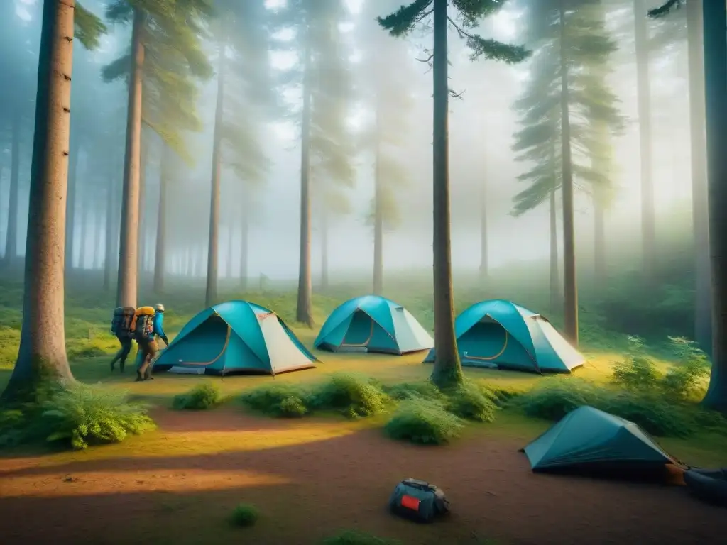 Grupo de campistas en un denso bosque, con silbatos de emergencia para camping en sus mochilas, preparando actividades al aire libre