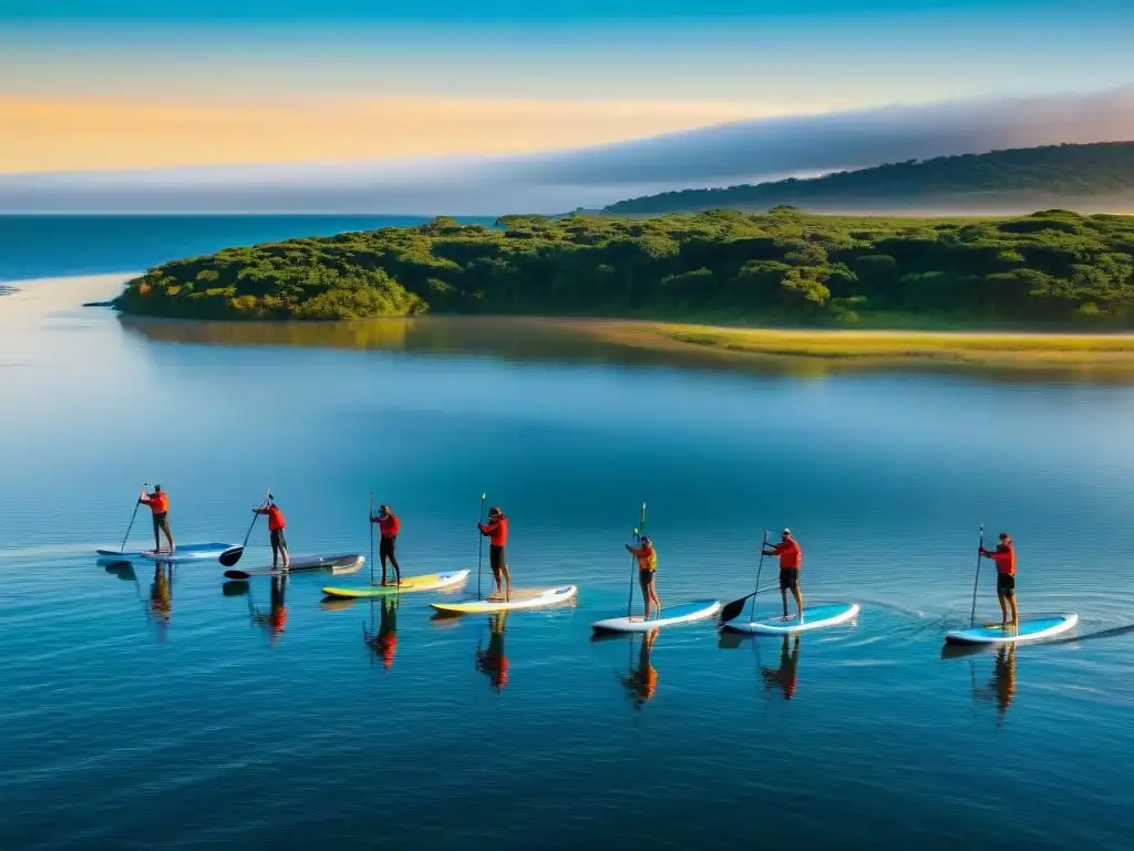 Grupo de campistas disfrutando de deportes acuáticos en campamentos en Laguna Garzón, Uruguay