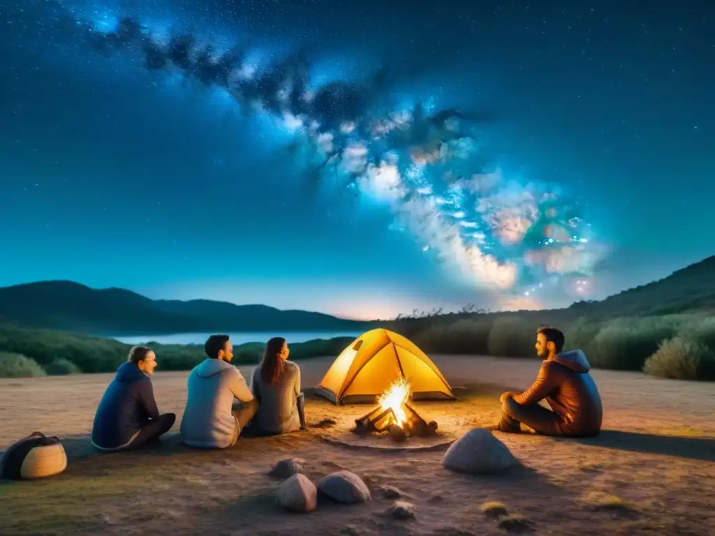 Grupo de campistas en Uruguay disfrutando de la desconexión digital alrededor de fogata bajo cielo estrellado