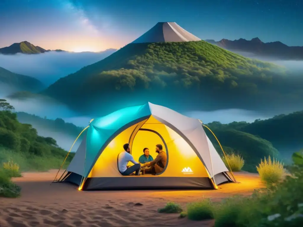 Un grupo de campistas con discapacidades disfrutan de un avanzado camping accesible, fusionando tecnología y naturaleza