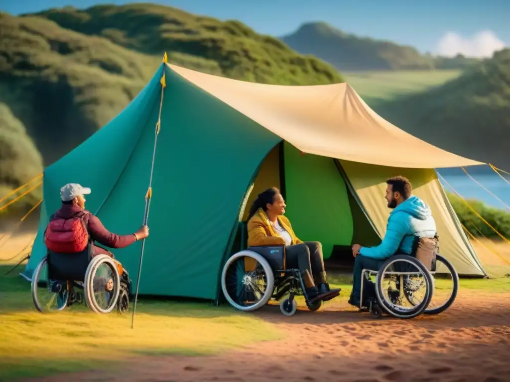 Grupo de campistas con discapacidades montando una carpa en un camping accesible en Uruguay, destacando la inclusión y la camaradería