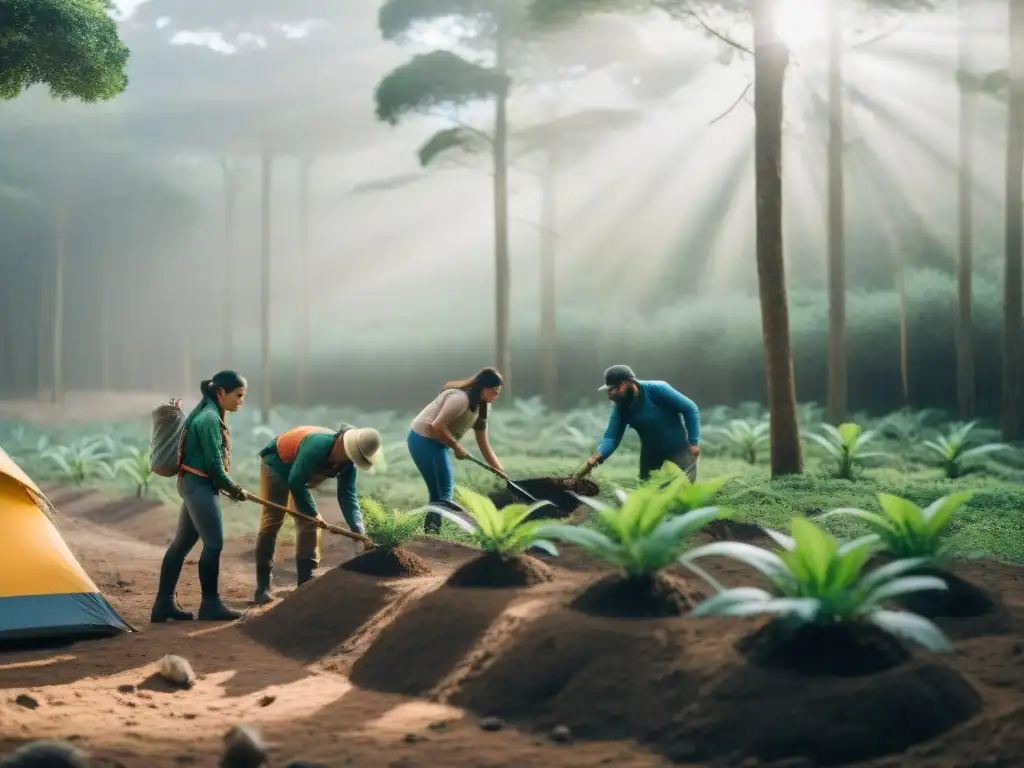 Un grupo de campistas diverso plantando árboles jóvenes en un exuberante bosque de Uruguay, en una escena de reforestación comunitaria