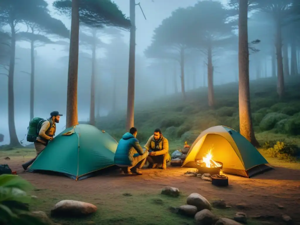 Grupo de campistas diverso preparando campamento en un bosque exuberante de Uruguay con kit supervivencia camping Uruguay