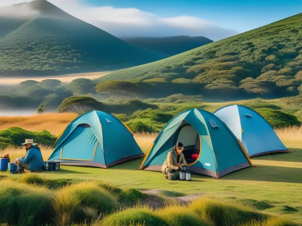 Un grupo de campistas diverso montando tiendas ecofriendly en un camping en Uruguay