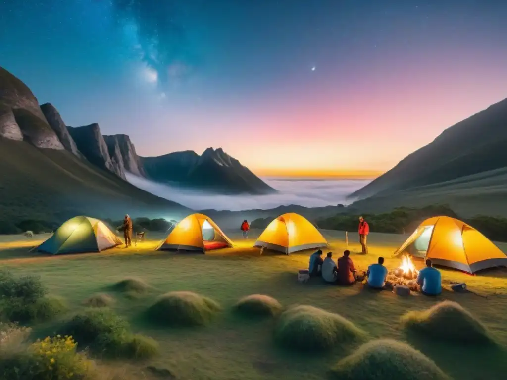 Un grupo de campistas diverso monta tiendas bajo un cielo estrellado en el Valle del Lunarejo, Uruguay, creando una atmósfera de comunidad y aventura