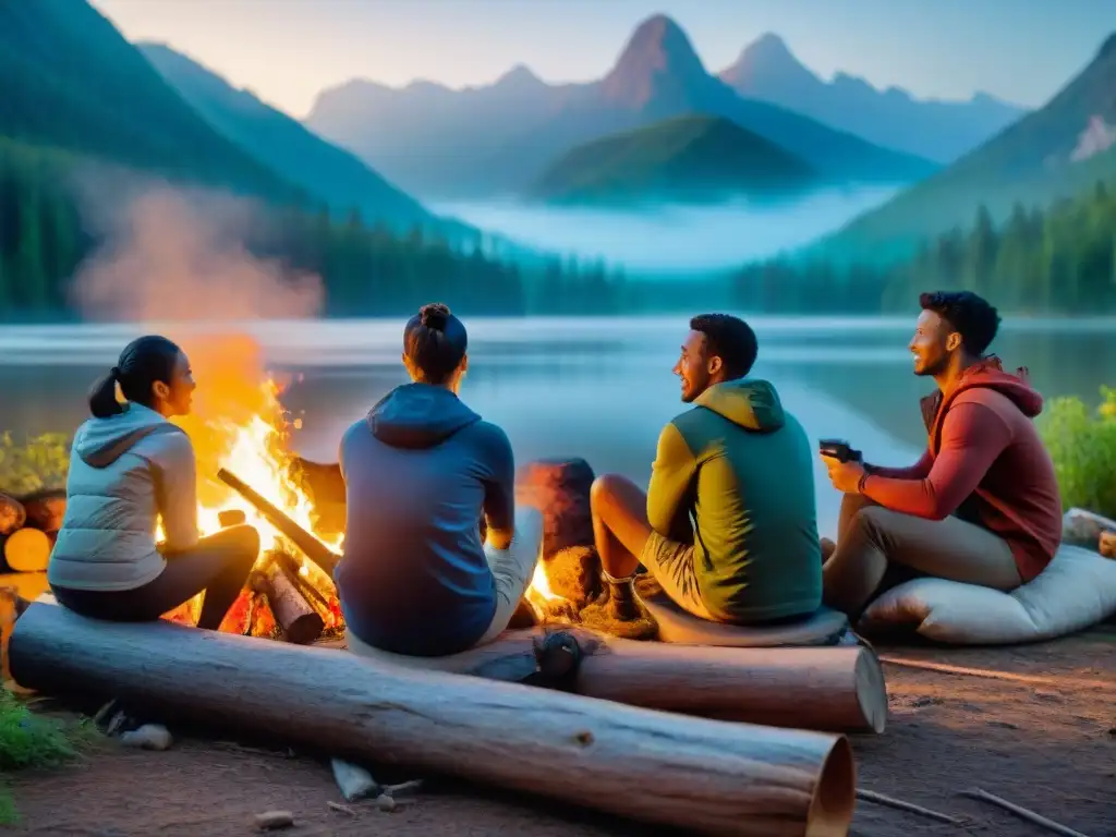 Un grupo de campistas diversos disfrutan de una fogata al atardecer, creando un ambiente de camaradería y aventura en el camping