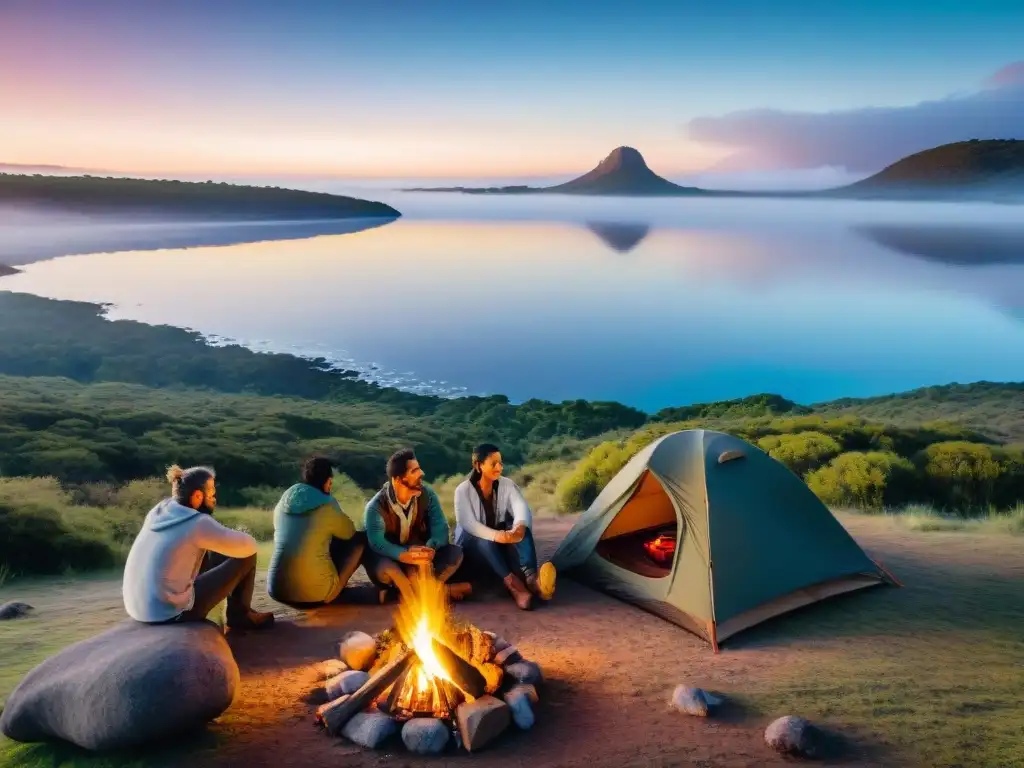 Grupo de campistas diversos disfrutando de una velada ecoamigable en Uruguay, alrededor de una fogata al atardecer junto a un lago sereno