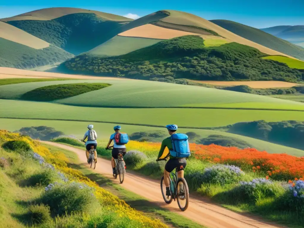 Un grupo de campistas ecológicos pedaleando por la campiña de Uruguay, con colinas verdes y flores silvestres