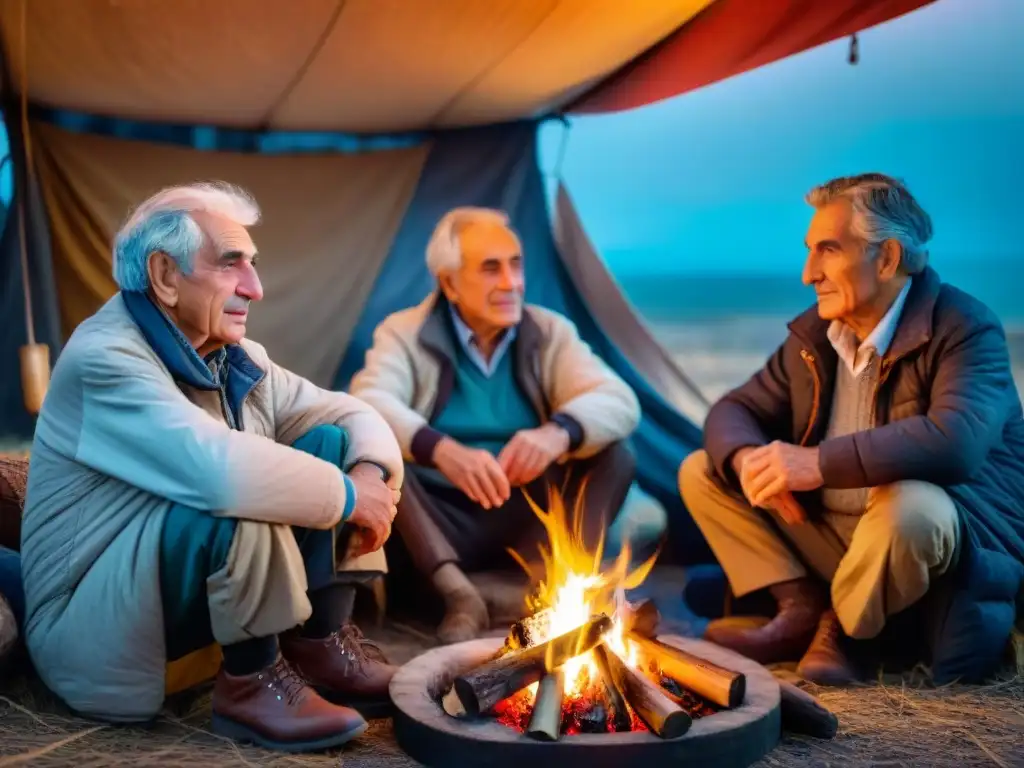 Grupo de campistas de edad alrededor de fogata, rostros iluminados por cálida luz, evocando la Cultura del camping en Uruguay