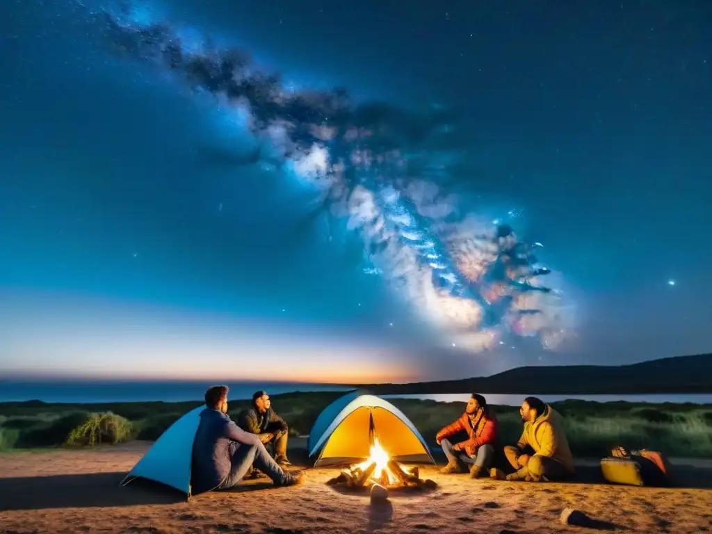 Grupo de campistas emocionados observando una lluvia de estrellas en un campamento en Uruguay