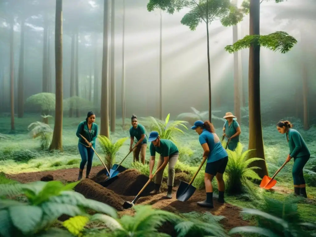 Un grupo de campistas entusiastas plantando árboles en bosques de Uruguay, con amor por la reforestación en camping