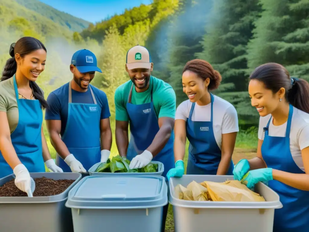 Grupo de campistas entusiastas reciclando y compostando en campamento, fomentando trabajo en equipo y cuidado ambiental