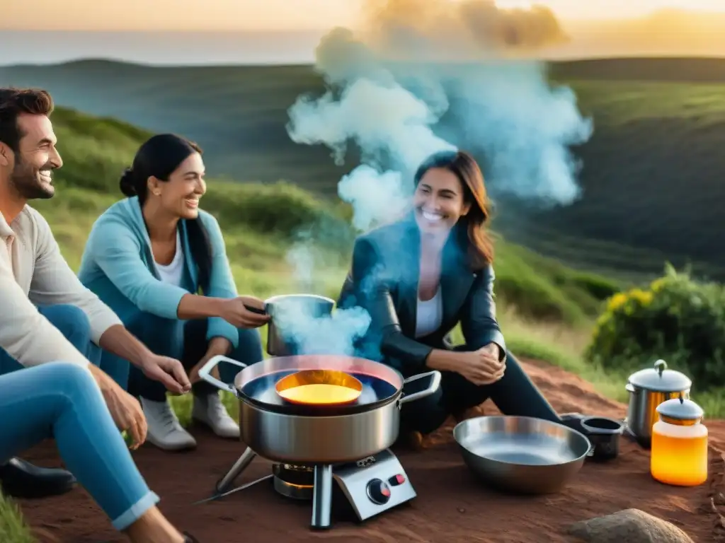 Un grupo de campistas entusiastas en Uruguay usando cocina solar para camping en un hermoso entorno natural