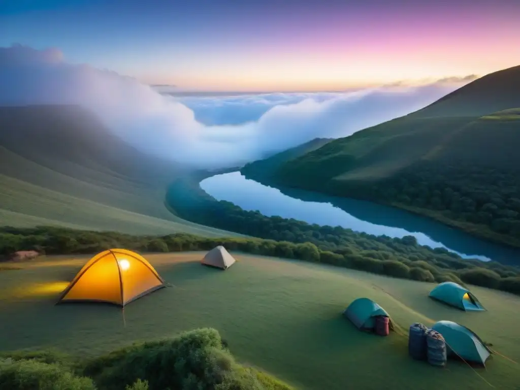 Un grupo de campistas entusiastas montando coloridas carpas en el majestuoso Valle del Lunarejo en Uruguay