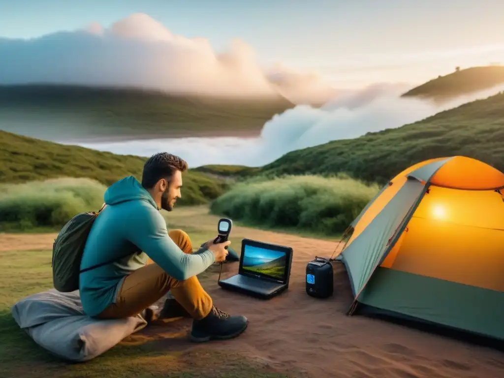 Grupo de campistas entusiastas configurando sus GPS en el exuberante campo uruguayo, destacando la importancia del GPS para camping en Uruguay