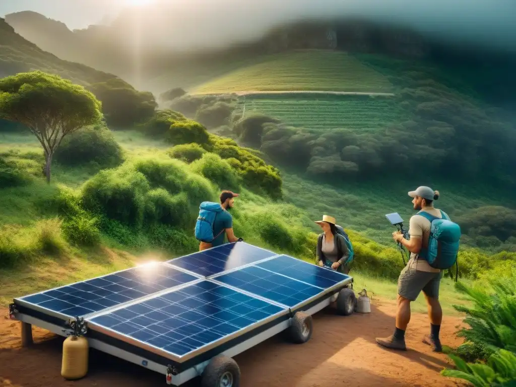 Grupo de campistas entusiastas en Uruguay instalando paneles solares portátiles en medio de la naturaleza exuberante