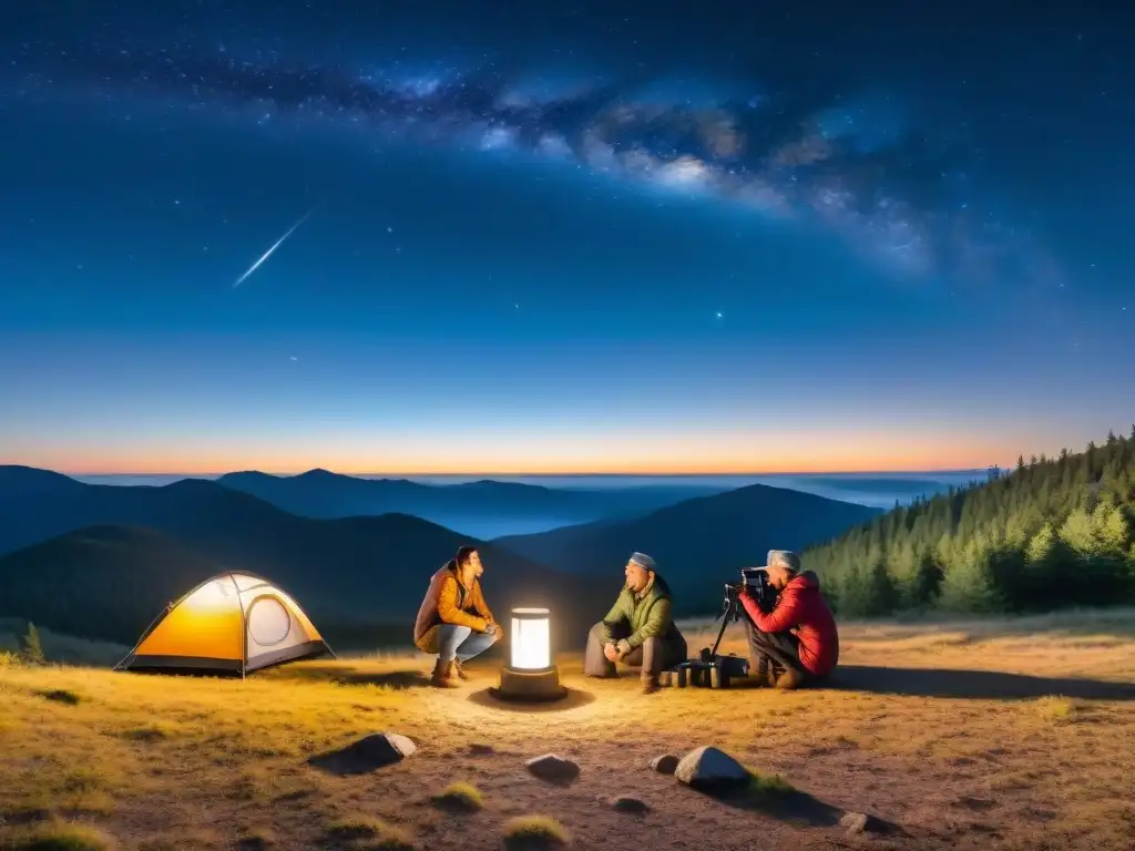 Un grupo de campistas entusiastas arma un telescopio Dobsoniano bajo un cielo estrellado en la naturaleza