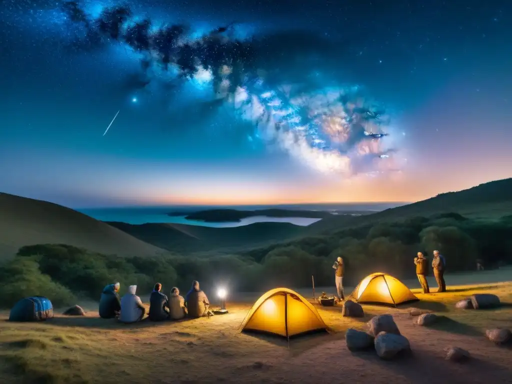 Grupo de campistas entusiastas montando telescopios bajo un cielo estrellado en camping Uruguay