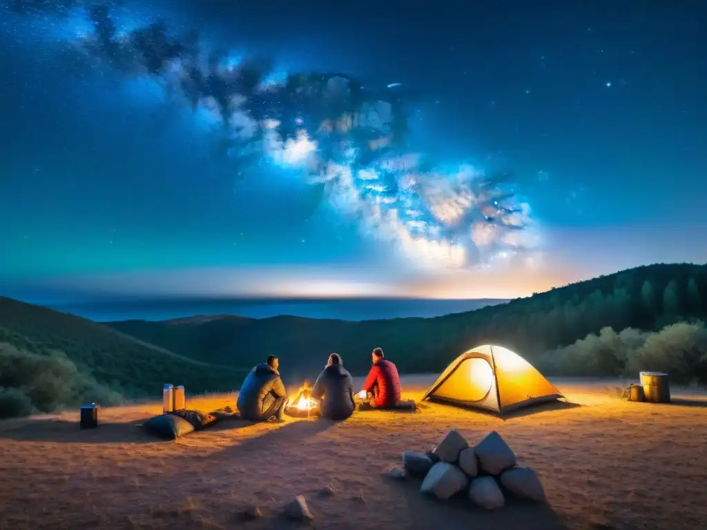 Grupo de campistas entusiastas montando tiendas bajo un cielo estrellado en Uruguay