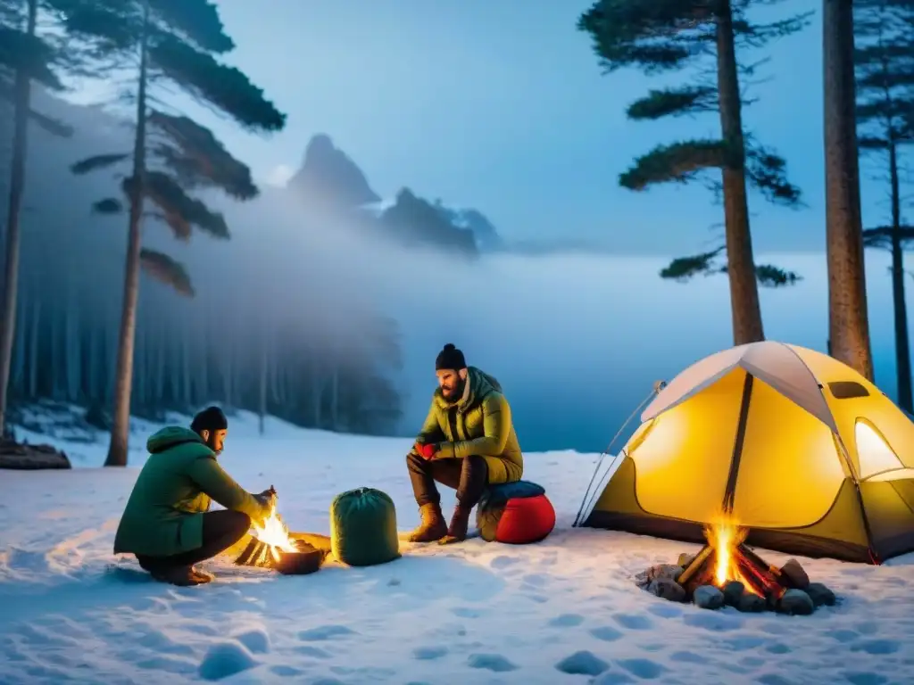 Grupo de campistas preparando su equipo en la nieve en Uruguay, enfatizando la supervivencia en invierno